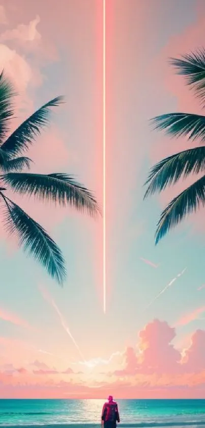 Tropical sunset with palm trees and vibrant sky over the ocean.