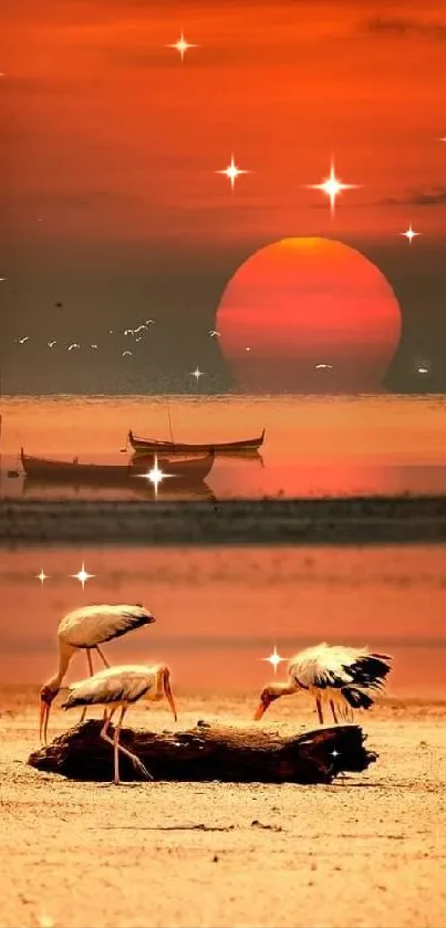 A serene sunset with birds and boats on a tranquil beach.