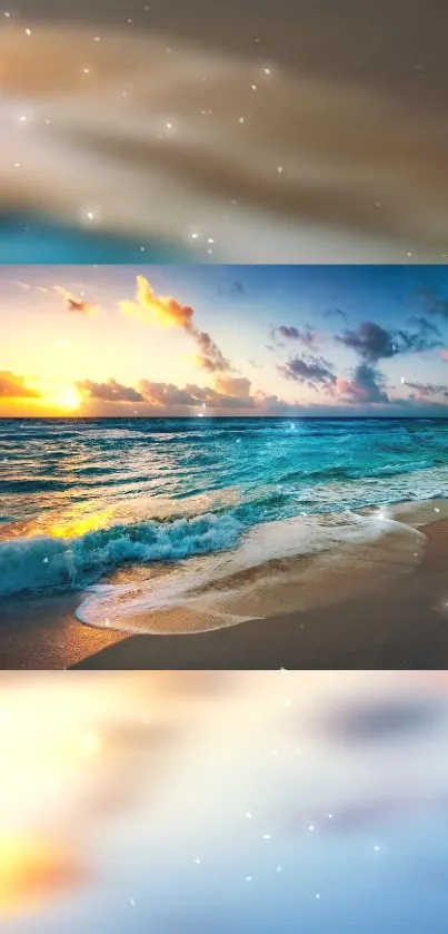 Serene ocean sunset with vibrant skies and gentle waves on a sandy beach.