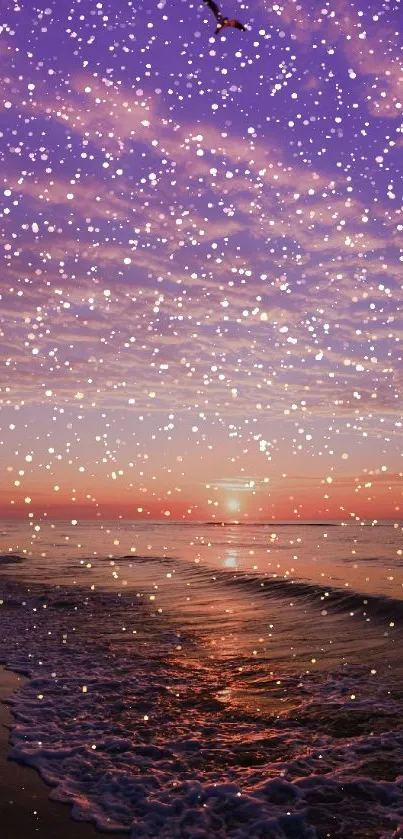 Serene beach at sunset with purple sky and stars.