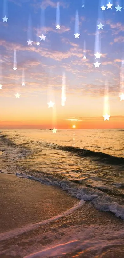 Serene sunset beach with stars in the sky.