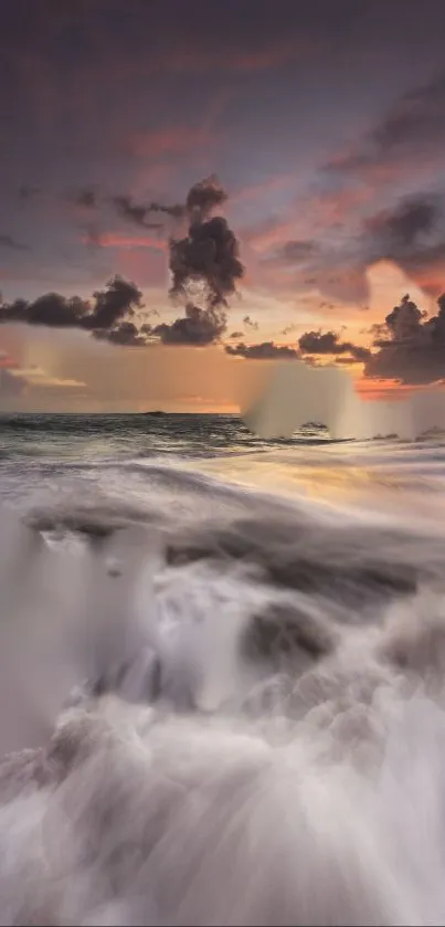 Sunset beach with dramatic waves and colorful sky wallpaper.