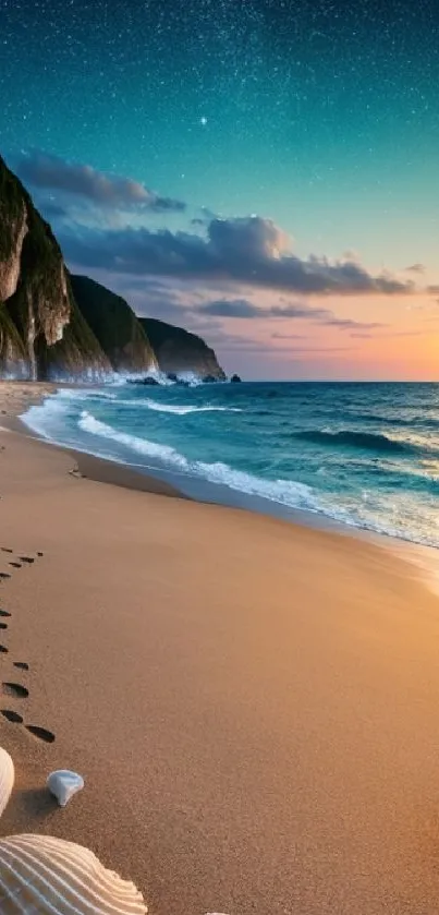 Serene beach with seashells at sunset under a starry sky.