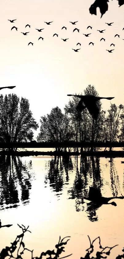 Mobile wallpaper of birds silhouetted against a sunset over a reflective lake.