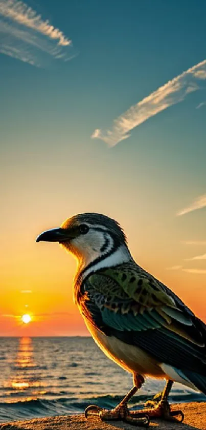 A bird silhoutte against a vibrant ocean sunset on a mobile wallpaper.