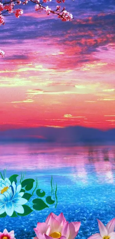 Vibrant sunset sky with cherry blossoms over a serene ocean.