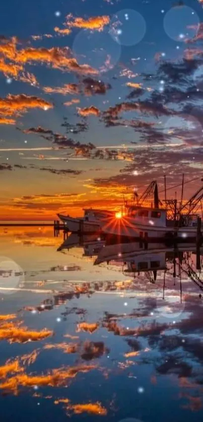 A serene sunset reflecting on calm waters with boats, creating a tranquil scene.