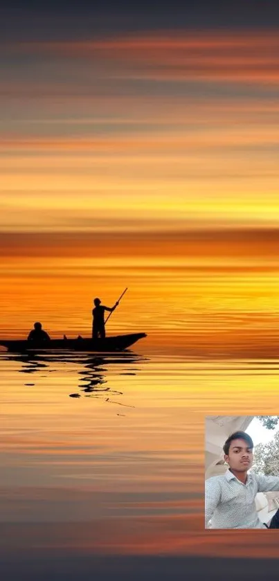 A boat silhouette on a sunset-lit water with a vibrant orange sky background.