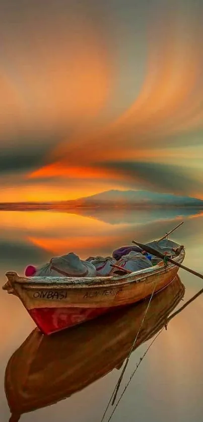 Serene sunset over calm waters with a floating boat.