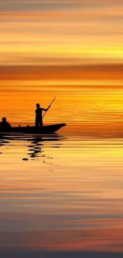 Silhouetted boat at sunset on calm, reflective water.