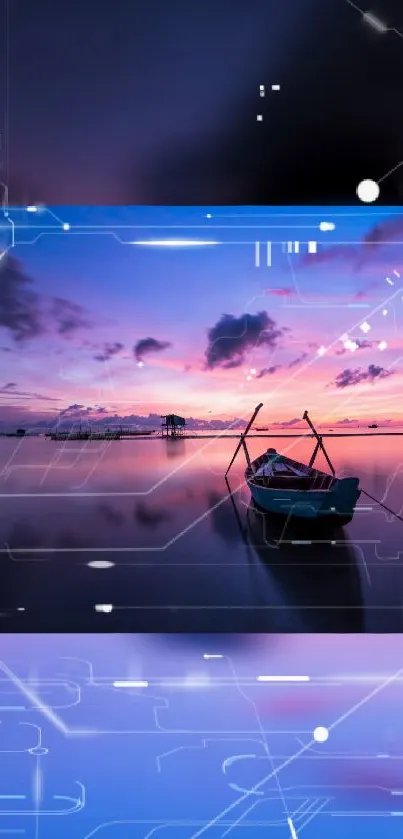 Serene sunset with boat reflection and digital accents.