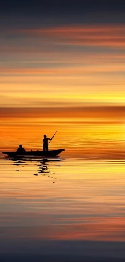 A silhouette of a boat at sunset over calm water with warm orange hues.