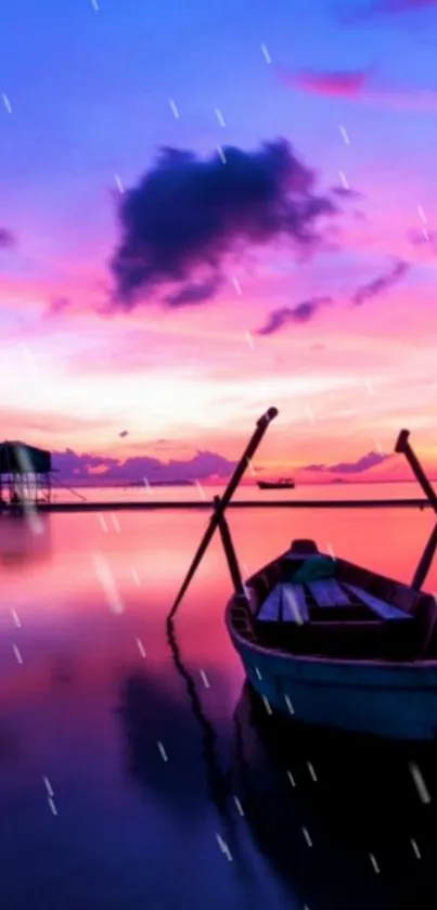 Wallpaper of a boat on a calm sea at sunset with pink and purple hues.