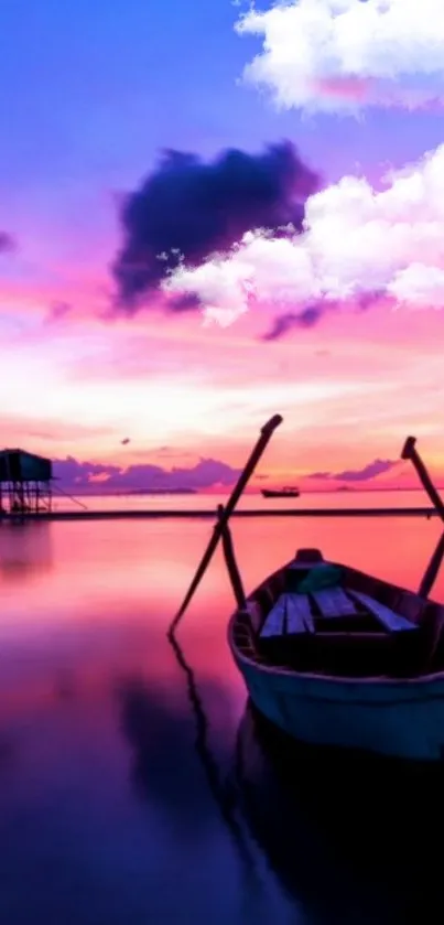 Serene sunset over calm purple waters with a boat silhouette.