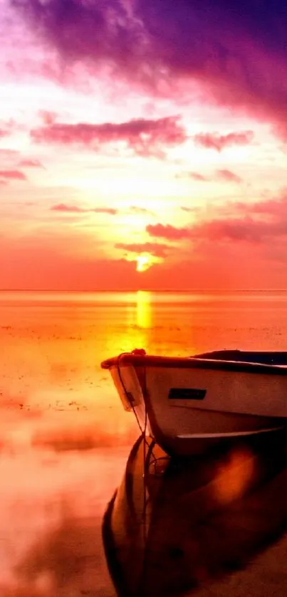 Mobile wallpaper of a sunset scene with a boat and vibrant sky reflection.