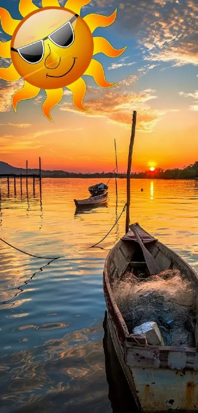 Sunset over water with a boat and whimsical sun illustration.