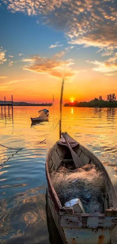 Serene sunset over a lake with a boat in the foreground.