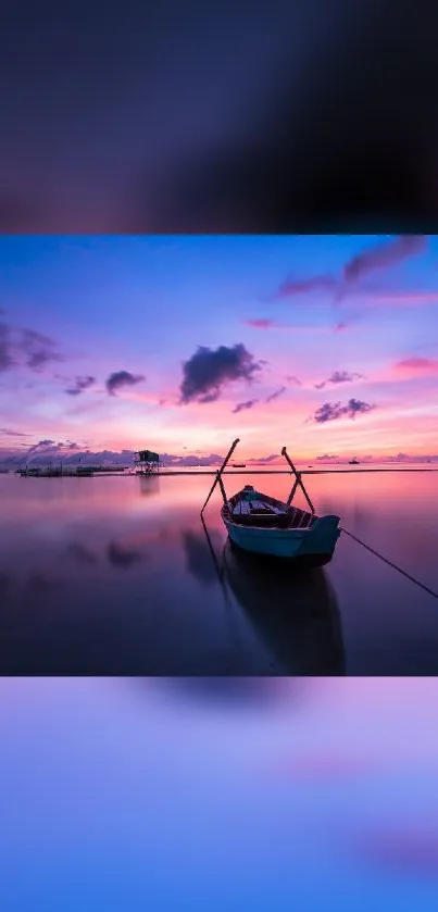 A lone boat on calm waters at sunset with vibrant purple and pink skies.