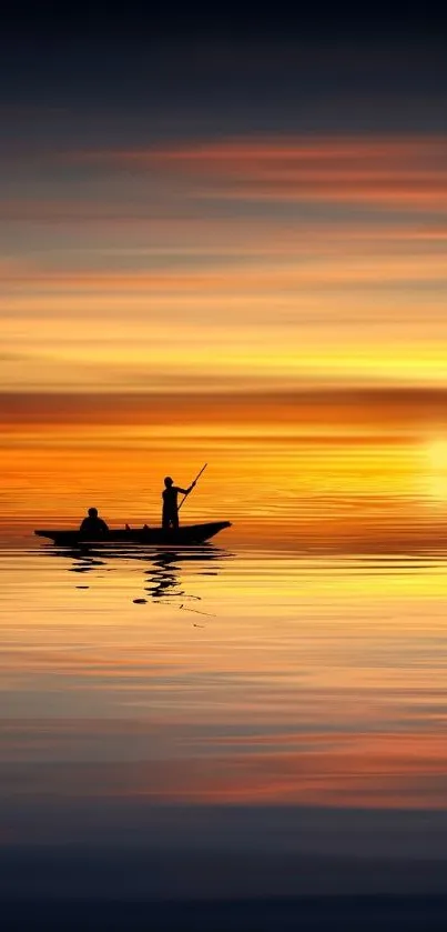 Silhouetted boat during an orange sunset over calm waters creating a serene wallpaper.