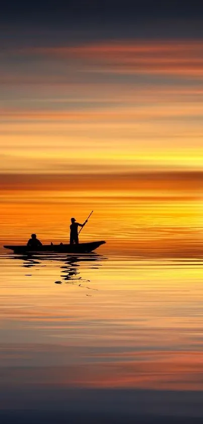 Silhouette of a boat at sunset on a serene lake with orange skies.