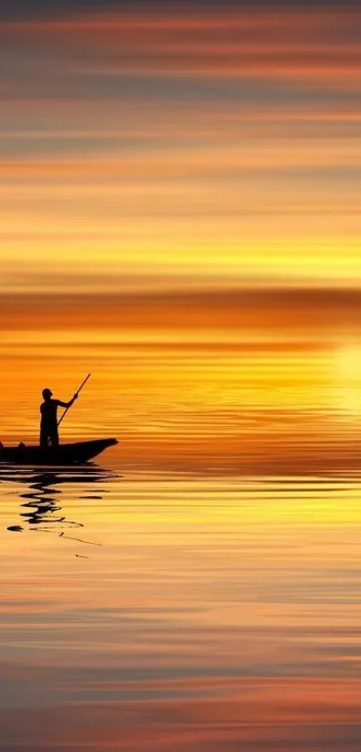 Silhouetted boat on a serene sunset ocean.