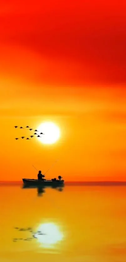 A peaceful sunset wallpaper with a boat on a calm lake reflecting an orange sky.