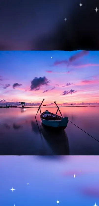 Serene sunset with boat on tranquil water, under a purple and pink sky.