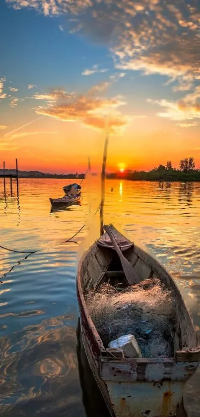 Tranquil sunset over calm waters with boats.