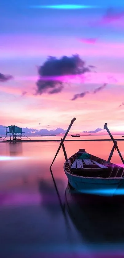 Serene boat at sunset with purple and pink skies.