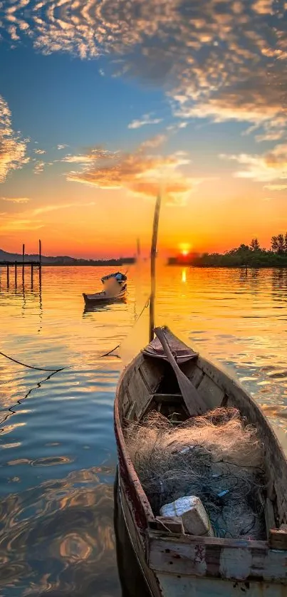 Serene sunset with boats reflecting on calm waters.