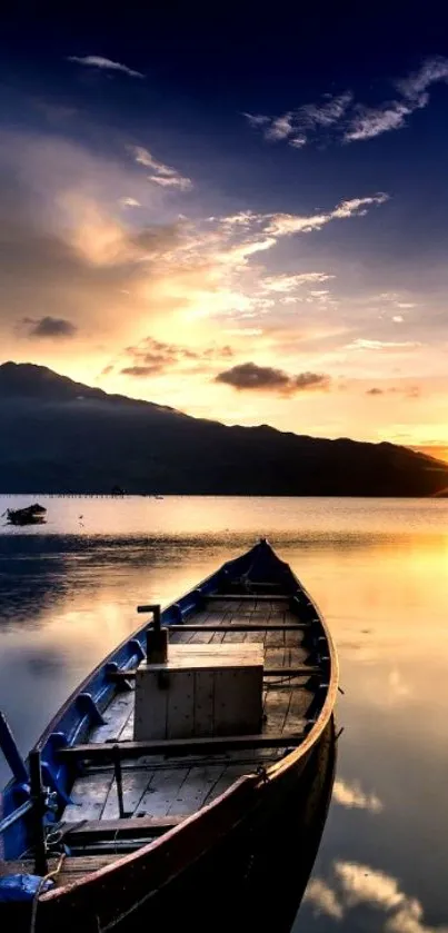 Serene sunset scene with a boat on calm waters reflecting the sky.