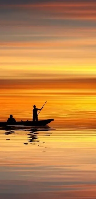 Silhouetted boat during a vibrant sunset over calm waters.