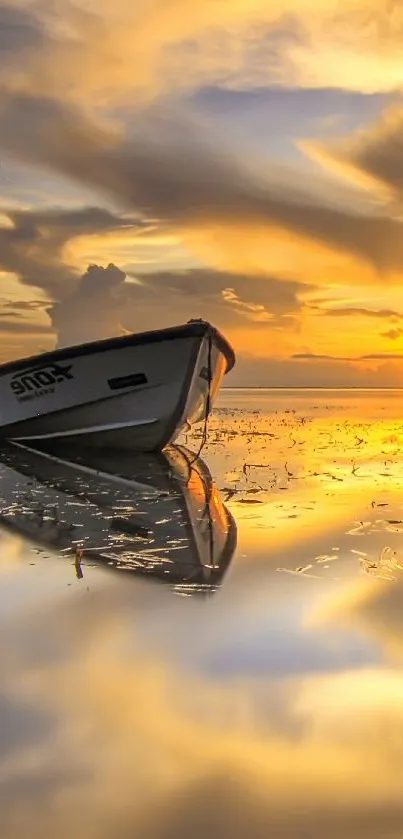 Boat on calm sunset waters with golden sky reflection.