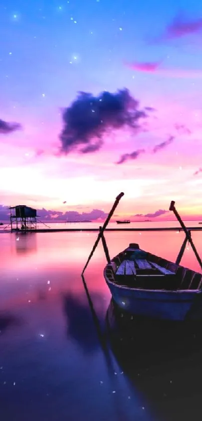 Serene boat at sunset with vibrant pink and purple sky reflecting on the water.