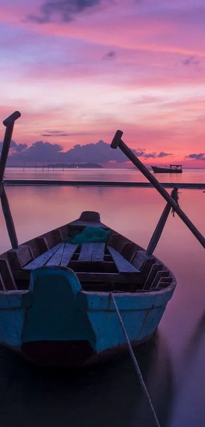 Mobile wallpaper of a boat on calm sunset waters with purple sky.