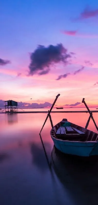 Tranquil boat on purple sunset waters, perfect wallpaper.