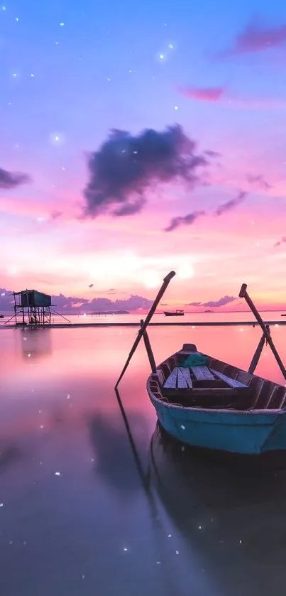 A serene boat on calm waters at sunset with a vibrant purple and pink sky.