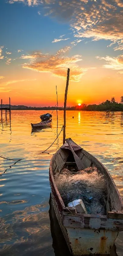 Serene sunset over a lake with boats reflecting in the water.