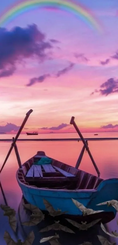 A peaceful boat on calm waters with a colorful sunset and rainbow.