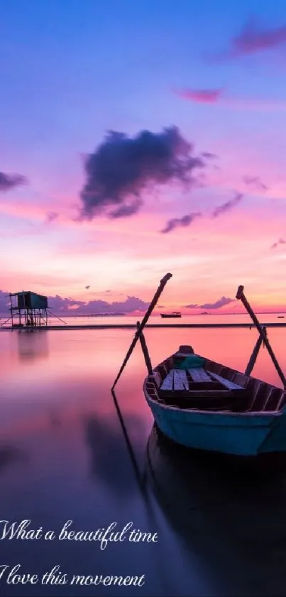 Serene boat at sunset with purple sky and water.