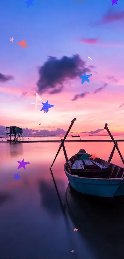 Serene sunset over the ocean with a boat reflecting vibrant purples and pinks.