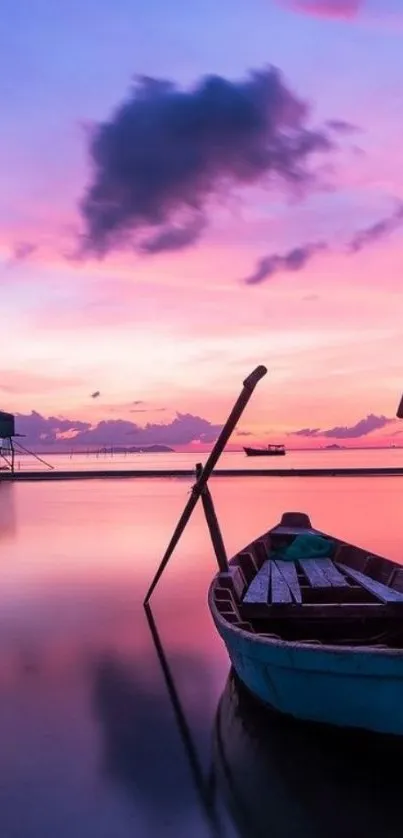 A serene scene of a boat against a pastel sunset sky.