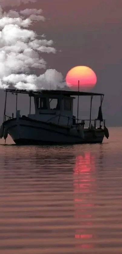 Silhouetted boat at sunset with vibrant sky reflection.