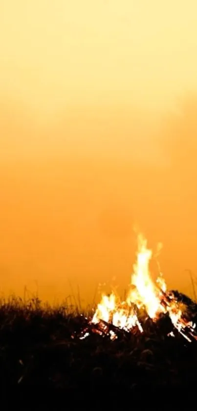 Silhouette by a bonfire at sunset with warm amber hues filling the sky.