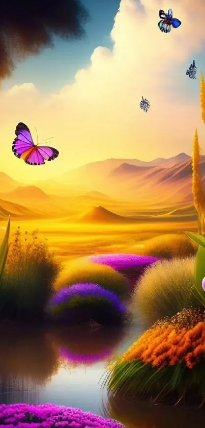 Vibrant landscape with sunset, butterflies, and flowers in a serene setting.