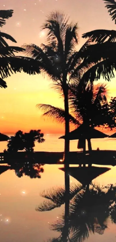 Tropical beach sunset with palm trees and calm water reflection.