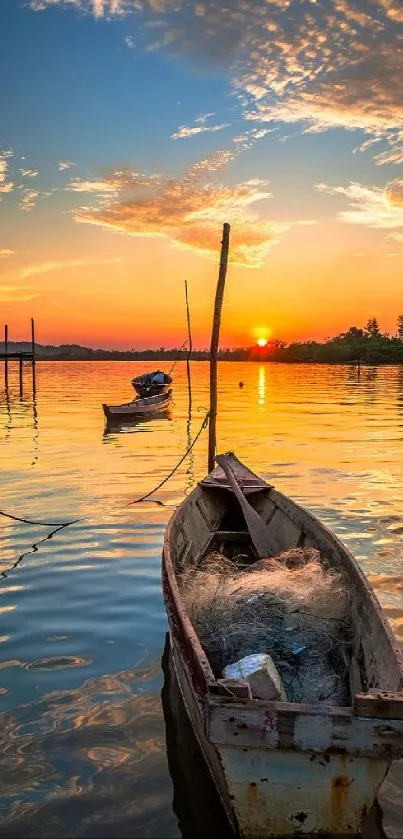 Tranquil sunset over a lake with a boat.