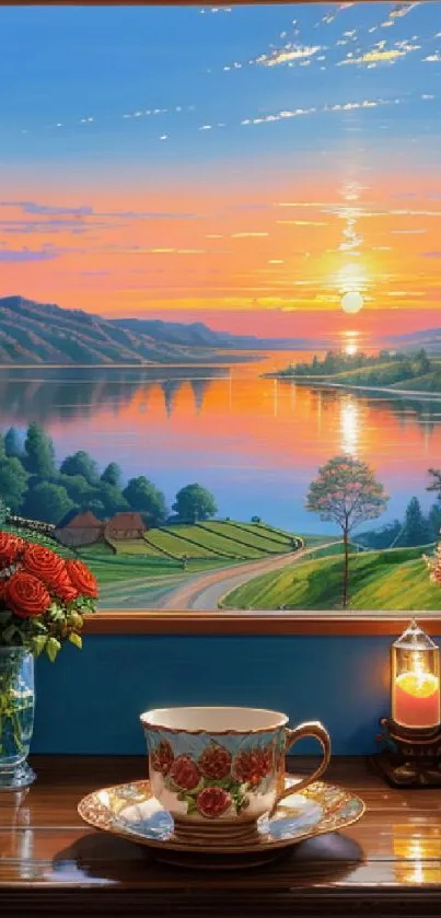 Serene sunset over a lake with flowers and tea cup on a table.