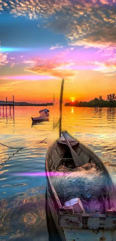 Tranquil sunset over a lake with a boat and colorful sky.