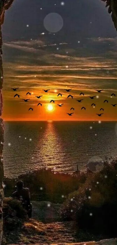 Serene sunset over the sea framed by a stone arch with birds flying.